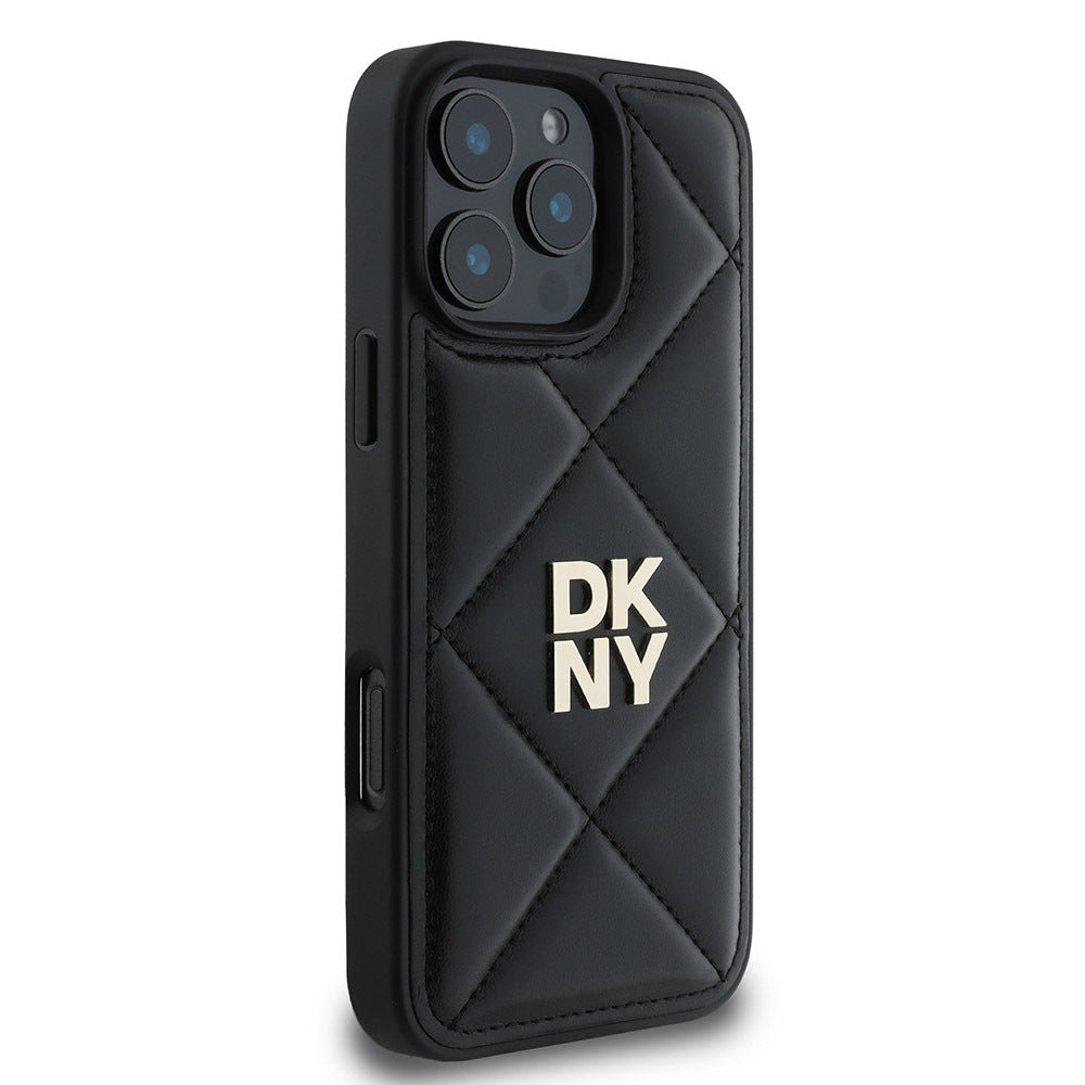 DKNY iPhone 16 Pro Orjinal Lisanslı Kapitone Tasarımlı Metal Logolu Deri Kılıf
