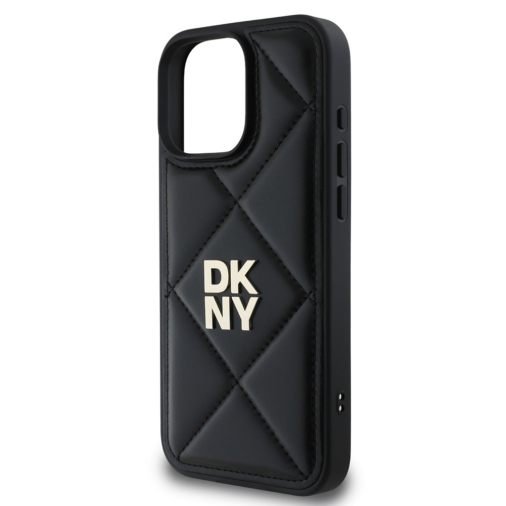 DKNY iPhone 16 Pro Orjinal Lisanslı Kapitone Tasarımlı Metal Logolu Deri Kılıf