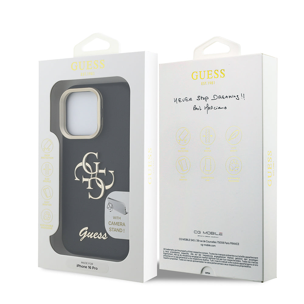 Guess iPhone 16 Pro Orjinal Lisanslı Grained Yazı Logolu Kamera Standlı Kılıf
