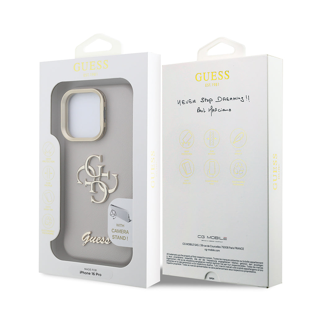 Guess iPhone 16 Pro Orjinal Lisanslı Grained Yazı Logolu Kamera Standlı Kılıf