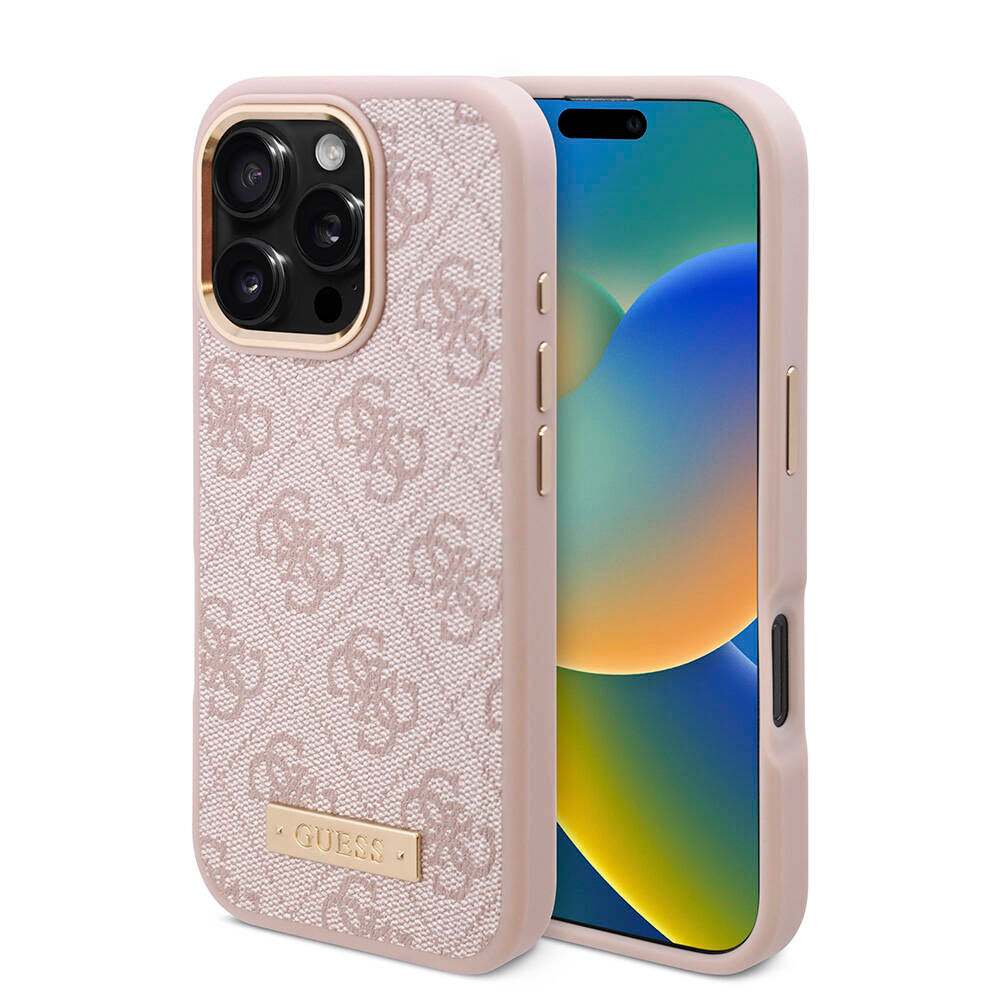 Guess iPhone 16 Pro Orjinal Lisanslı Magsafe Şarj Özellikli 4G Desenli PU Metal Plaka Klasik Logolu Telefon Kılıfı - 16