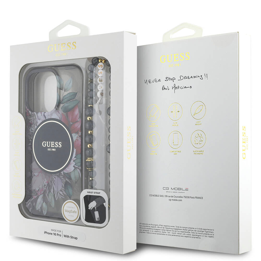 Guess iPhone 16 Pro Orjinal Lisanslı Magsafe Şarj Özellikli IML Baskılı Çiçek İnci Bileklikli Telefon Kılıfı - 19