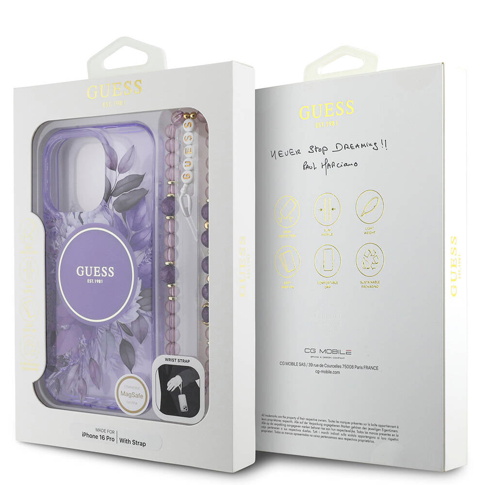 Guess iPhone 16 Pro Orjinal Lisanslı Magsafe Şarj Özellikli IML Baskılı Çiçek İnci Bileklikli Telefon Kılıfı - 10