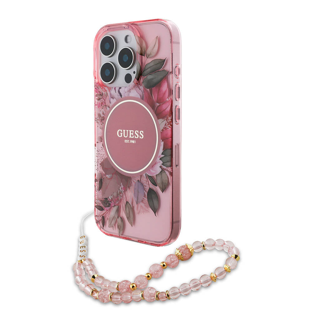 Guess iPhone 16 Pro Orjinal Lisanslı Magsafe Şarj Özellikli IML Baskılı Çiçek İnci Bileklikli Telefon Kılıfı - 29