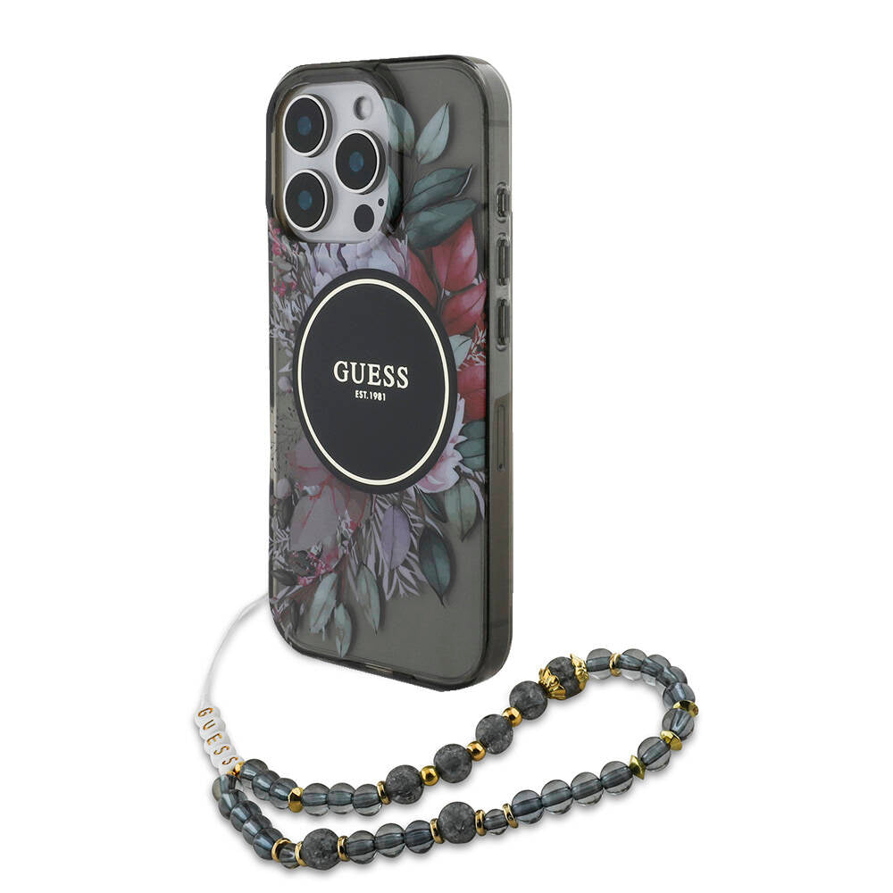Guess iPhone 16 Pro Orjinal Lisanslı Magsafe Şarj Özellikli IML Baskılı Çiçek İnci Bileklikli Telefon Kılıfı - 12