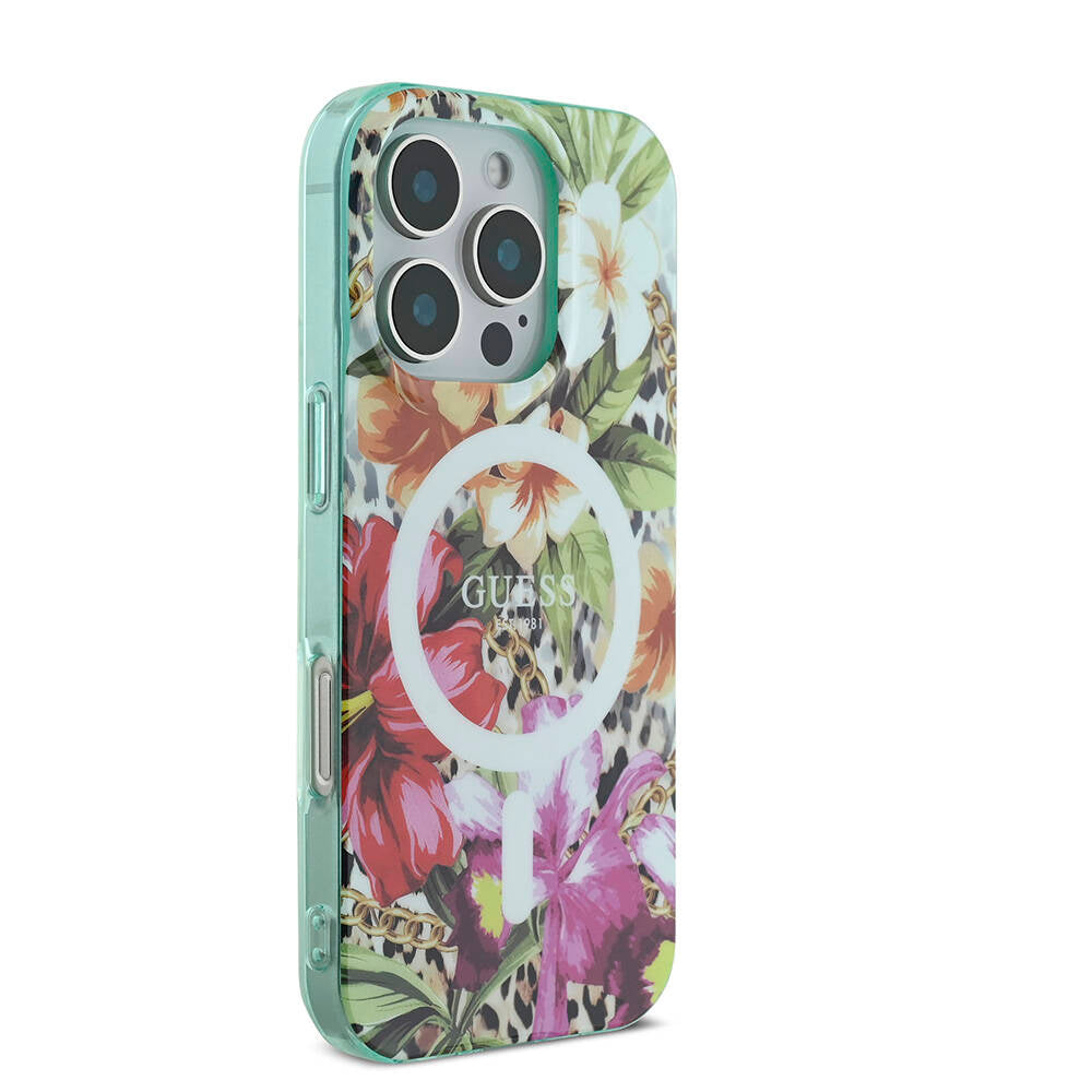 Guess iPhone 16 Pro Orjinal Lisanslı M-safe Şarj Özellikli IML Baskılı Jungle Ring Kılıf