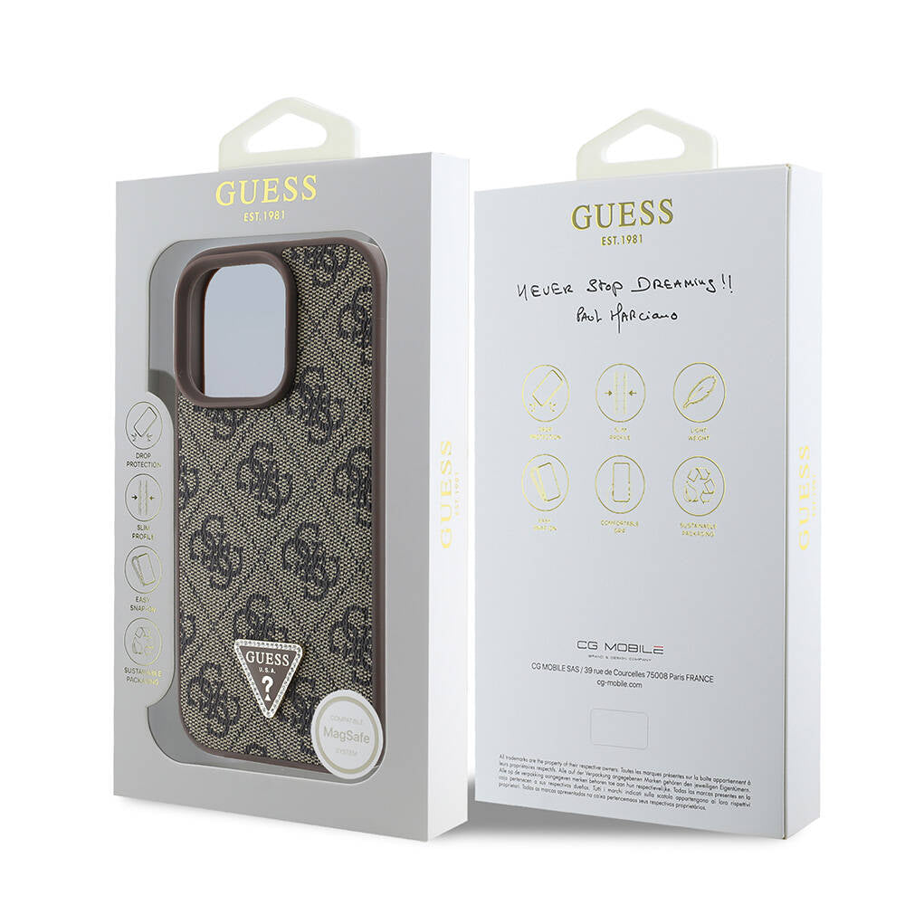 Guess iPhone 16 Pro Orjinal Lisanslı Magsafe Şarj Özellikli PU Deri 4G Desenli Taşlı Üçgen Logolu Telefon Kılıfı - 7