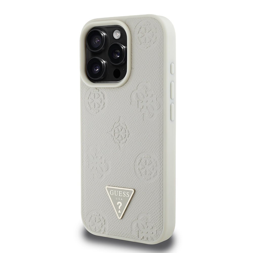 Guess iPhone 16 Pro Orjinal Lisanslı M-safe Şarj Özellikli Sıcak Baskılı Üçgen Logolu PU Deri Peony Kılıf