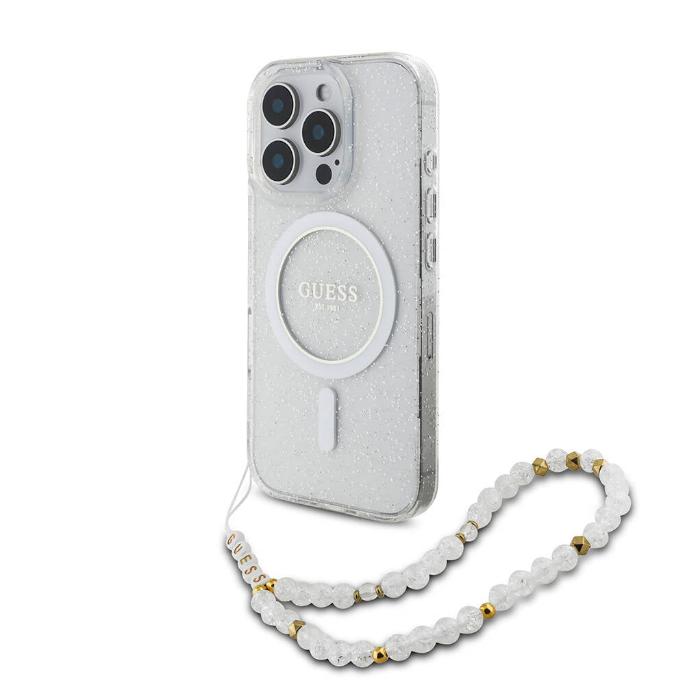Guess iPhone 16 Pro Orjinal Lisanslı Magsafe Şarj Özellikli Simli Silikon İnci Bileklikli Telefon Kılıfı - 20