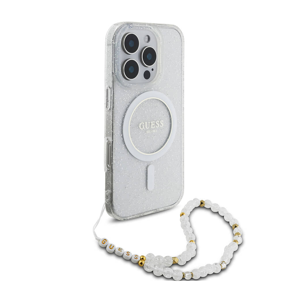 Guess iPhone 16 Pro Orjinal Lisanslı Magsafe Şarj Özellikli Simli Silikon İnci Bileklikli Telefon Kılıfı - 21