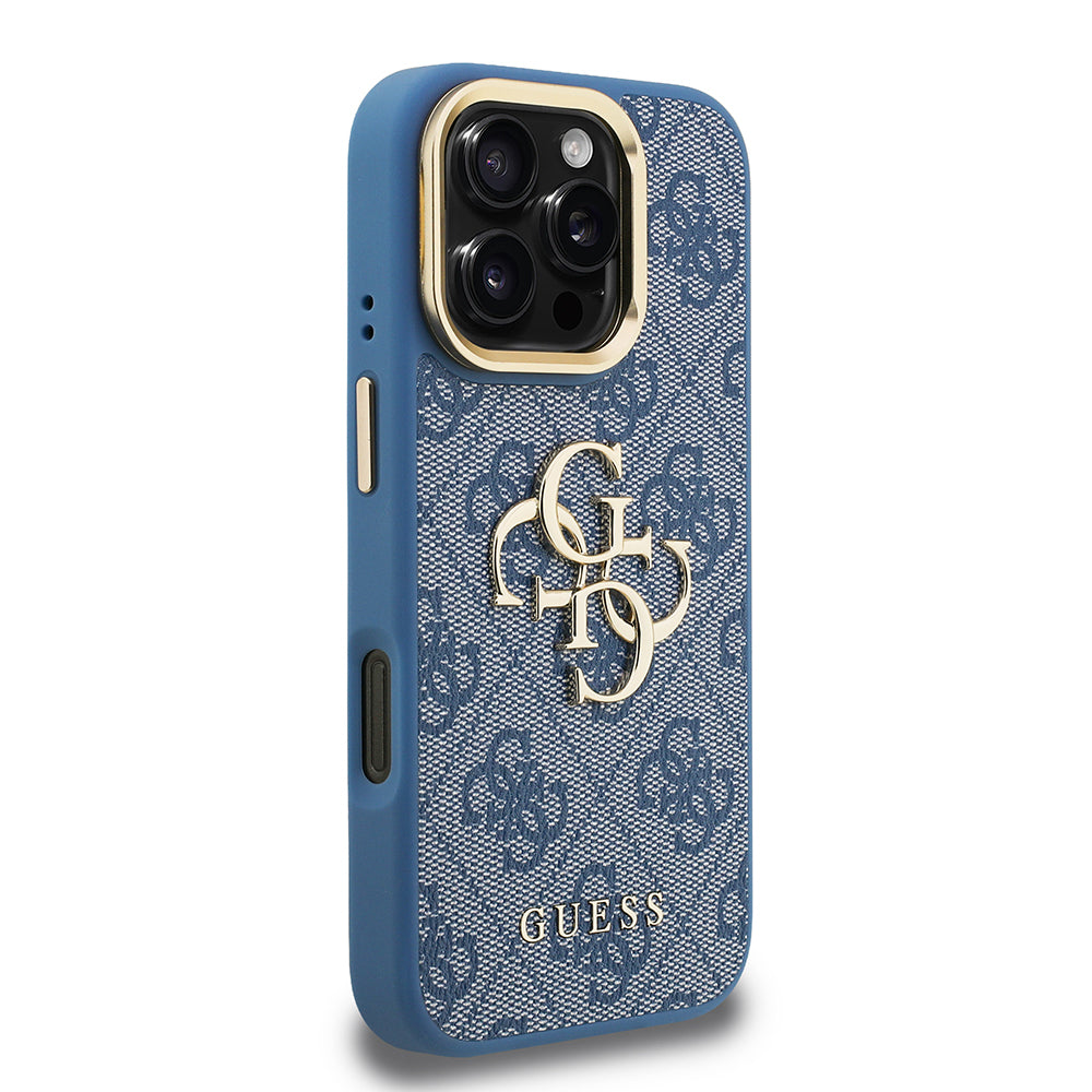 Guess iPhone 16 Pro Orjinal Lisanslı PU Deri 4G Desenli Metal Büyük 4G ve Yazı Logolu Kamera Standlı Kılıf