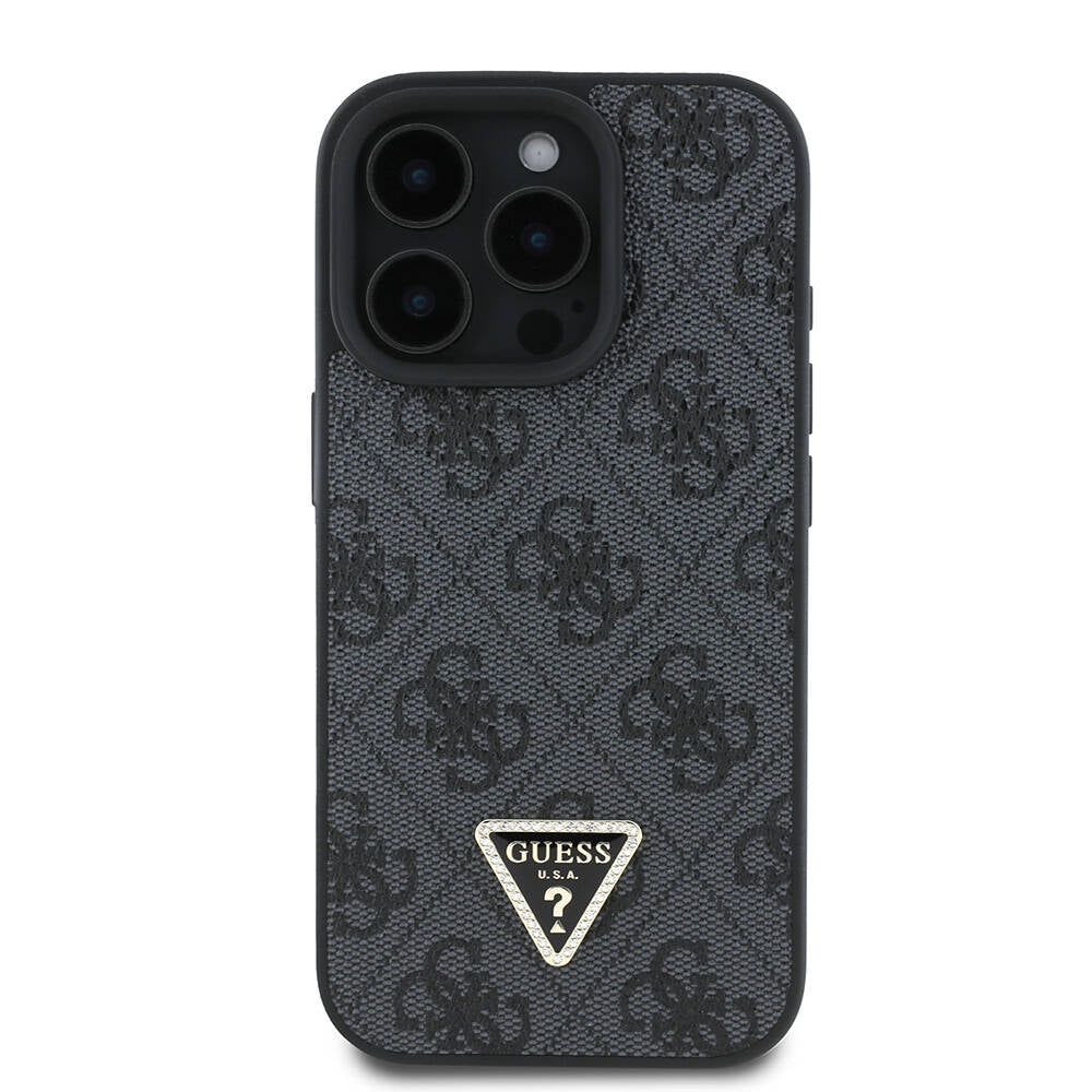 Guess iPhone 16 Pro Orjinal Lisanslı PU Deri Taşlı Metal Üçgen Logolu Çapraz Vücut Askılı 4G Desenli Telefon Kılıfı - 3