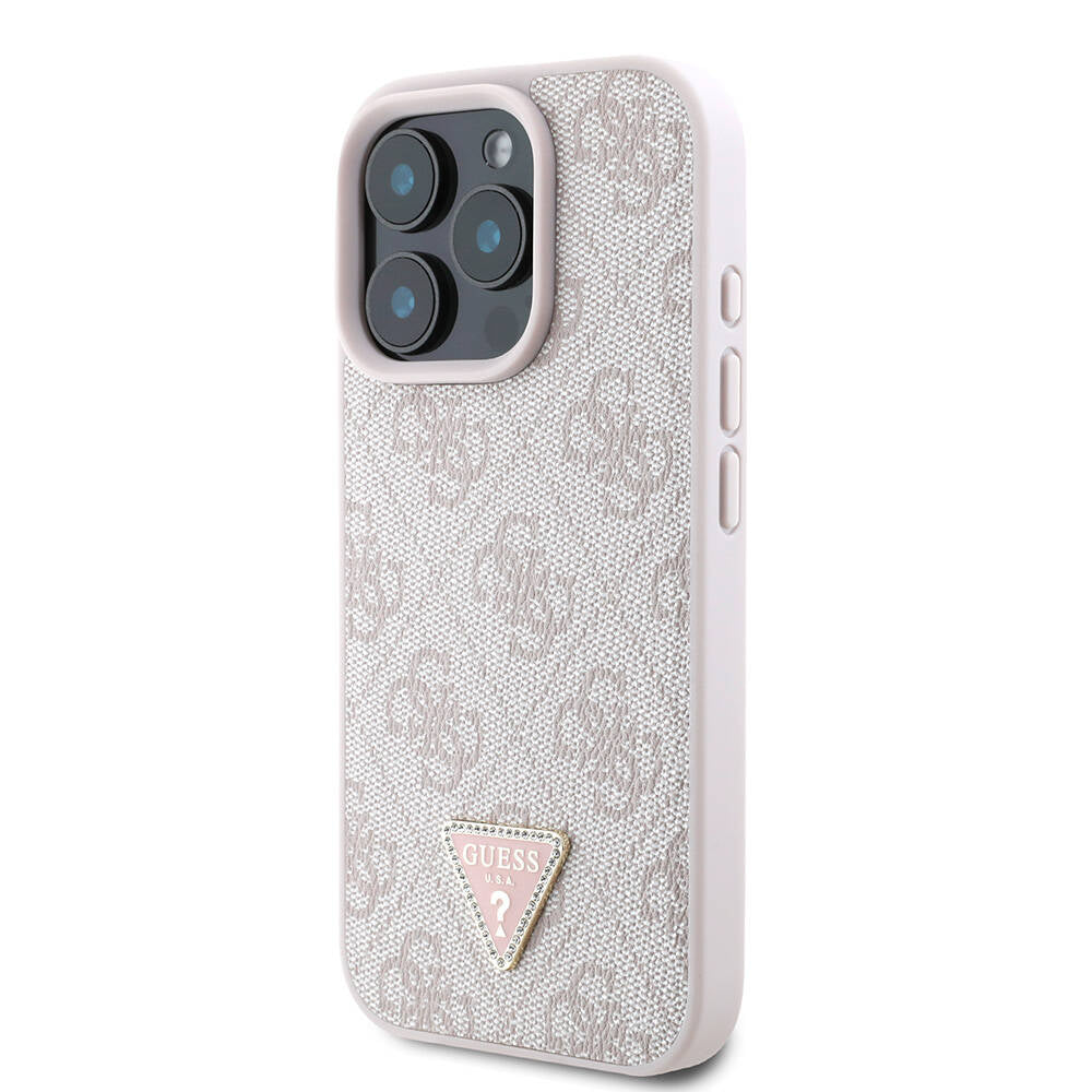 Guess iPhone 16 Pro Orjinal Lisanslı PU Deri Taşlı Metal Üçgen Logolu Çapraz Vücut Askılı 4G Desenli Telefon Kılıfı - 10
