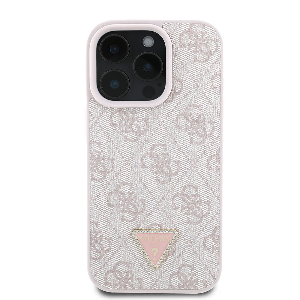 Guess iPhone 16 Pro Orjinal Lisanslı PU Deri Taşlı Metal Üçgen Logolu Çapraz Vücut Askılı 4G Desenli Telefon Kılıfı - 11