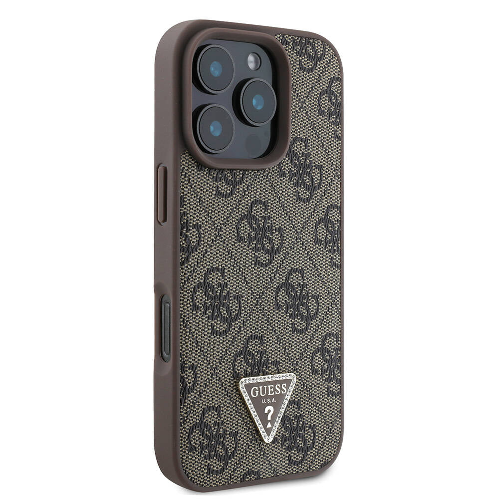 Guess iPhone 16 Pro Orjinal Lisanslı PU Deri Taşlı Metal Üçgen Logolu Çapraz Vücut Askılı 4G Desenli Telefon Kılıfı - 20