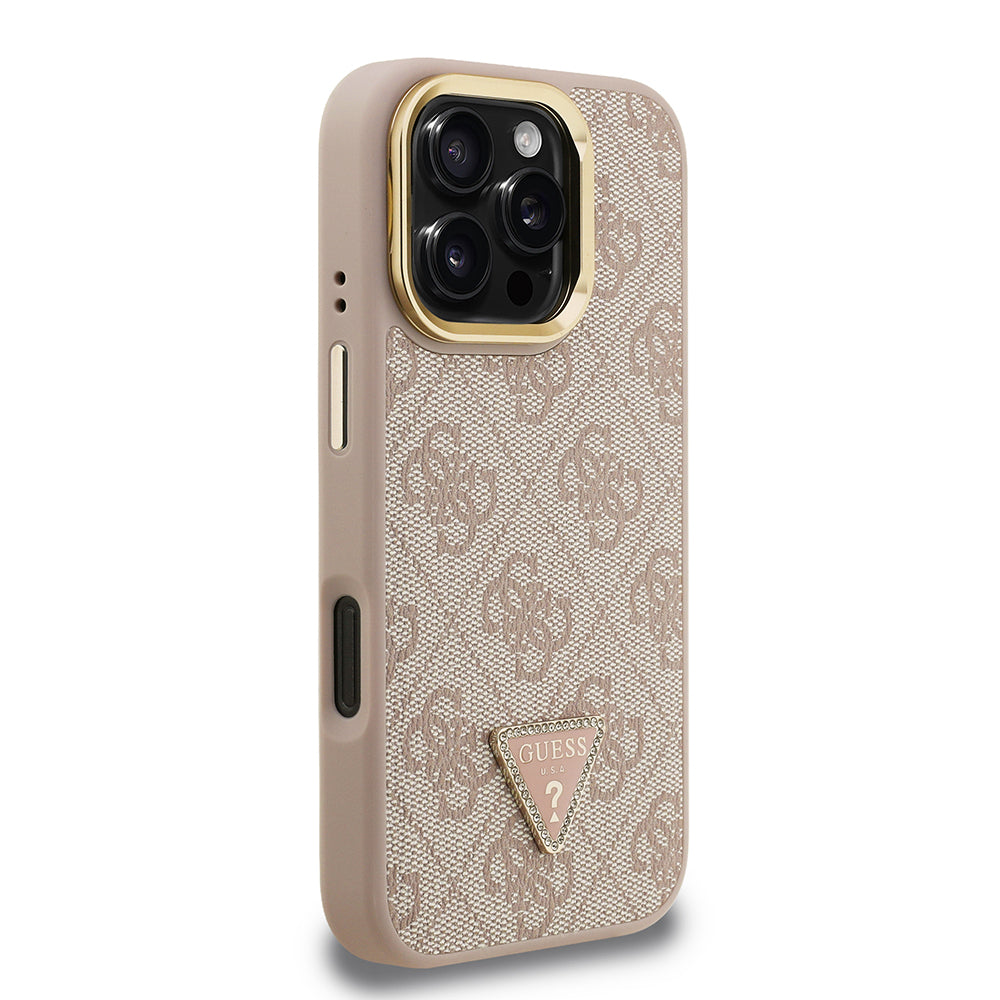 Guess iPhone 16 Pro Orjinal Lisanslı PU Deri Taşlı Üçgen Logo 4G Desenli Kamera Standlı Magsafe Telefon Kılıfı