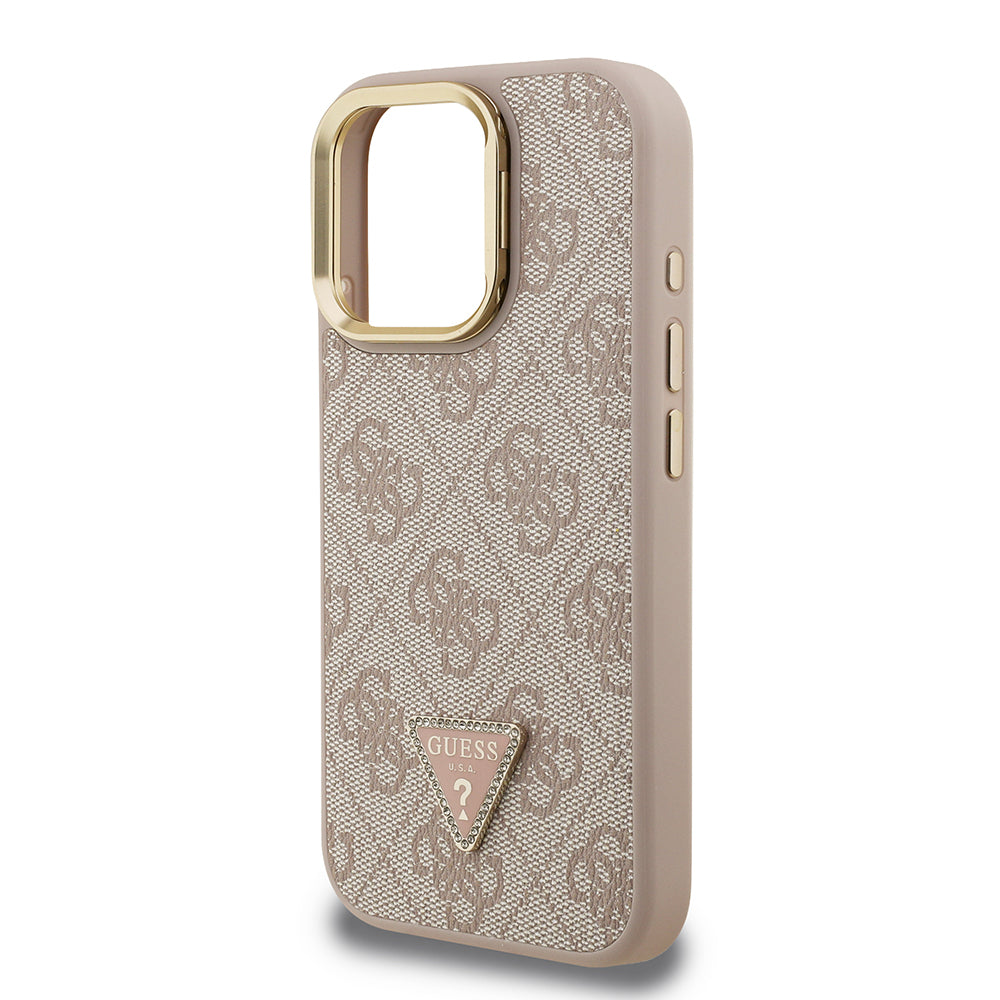 Guess iPhone 16 Pro Orjinal Lisanslı PU Deri Taşlı Üçgen Logo 4G Desenli Kamera Standlı Magsafe Telefon Kılıfı