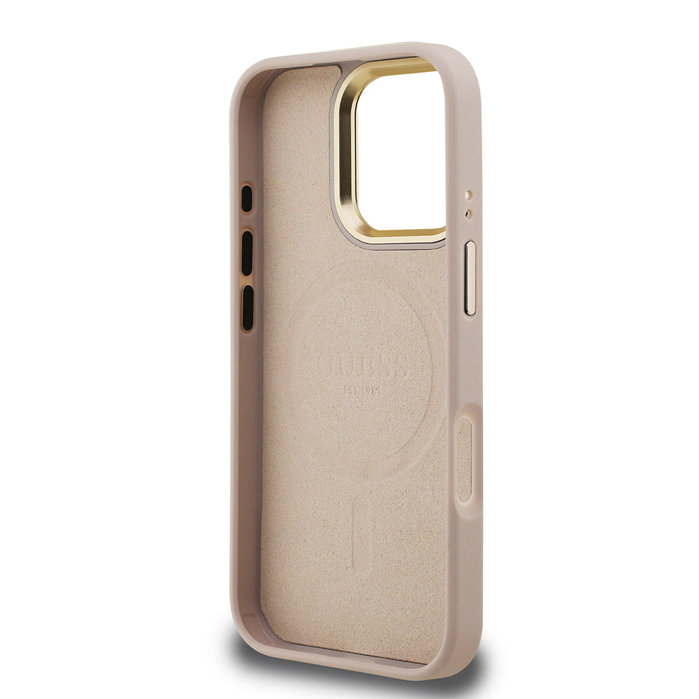Guess iPhone 16 Pro Orjinal Lisanslı PU Deri Taşlı Üçgen Logo 4G Desenli Kamera Standlı Magsafe Telefon Kılıfı