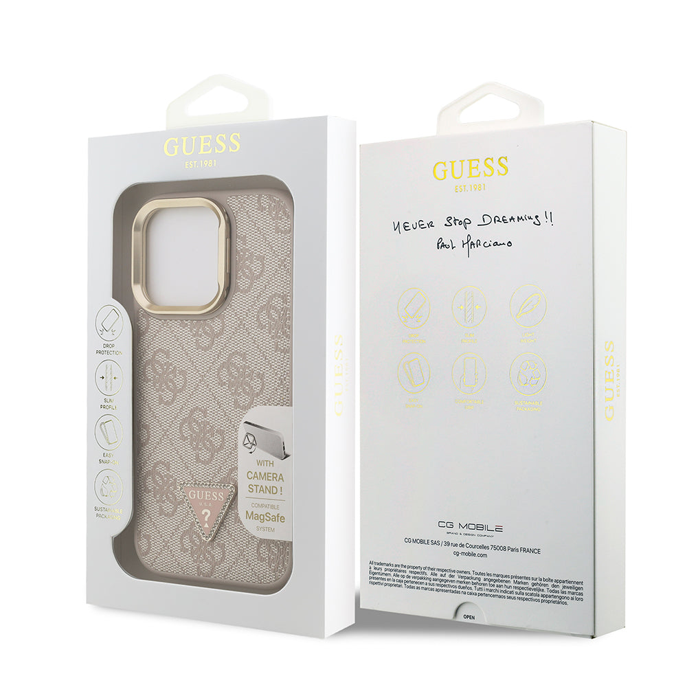 Guess iPhone 16 Pro Orjinal Lisanslı PU Deri Taşlı Üçgen Logo 4G Desenli Kamera Standlı Magsafe Telefon Kılıfı