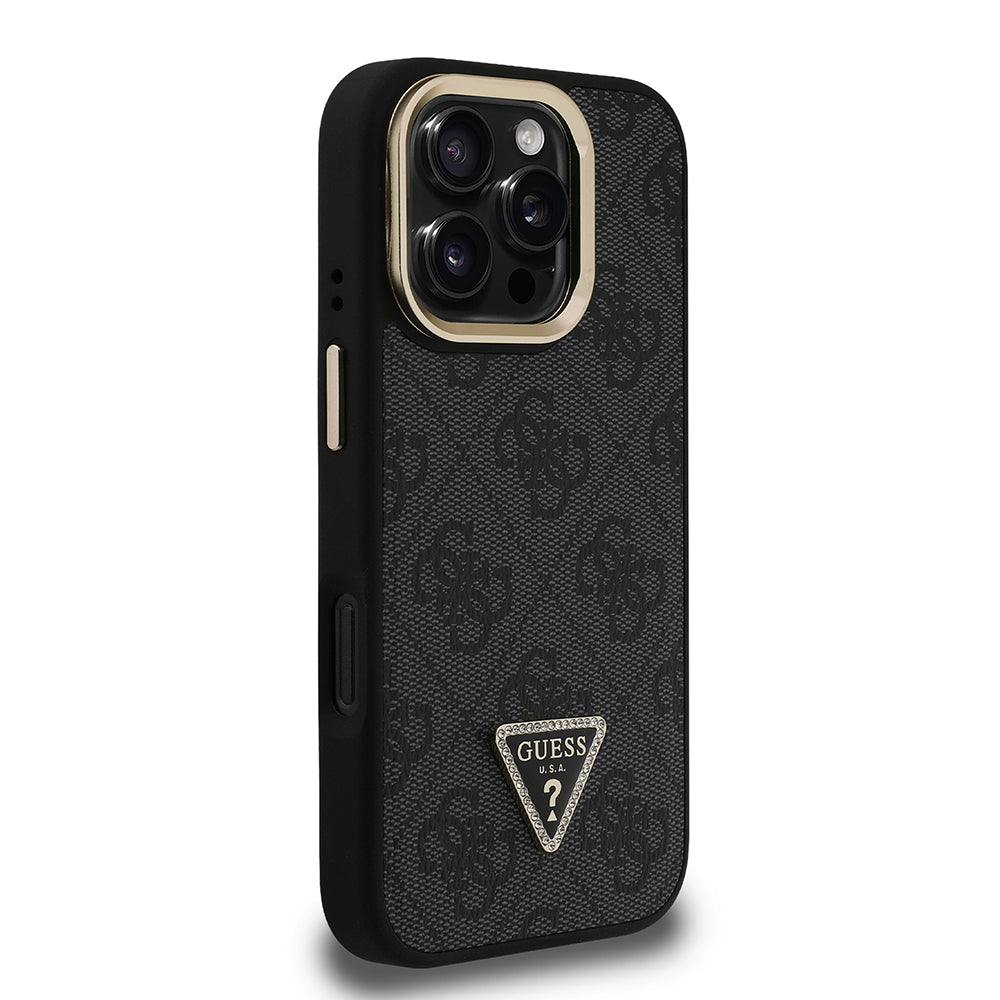 Guess iPhone 16 Pro Orjinal Lisanslı PU Deri Taşlı Üçgen Logo 4G Desenli Kamera Standlı Magsafe Telefon Kılıfı