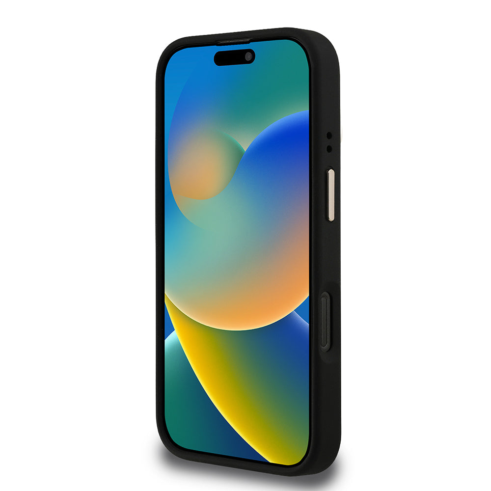 Guess iPhone 16 Pro Orjinal Lisanslı PU Deri Taşlı Üçgen Logo 4G Desenli Kamera Standlı Magsafe Telefon Kılıfı