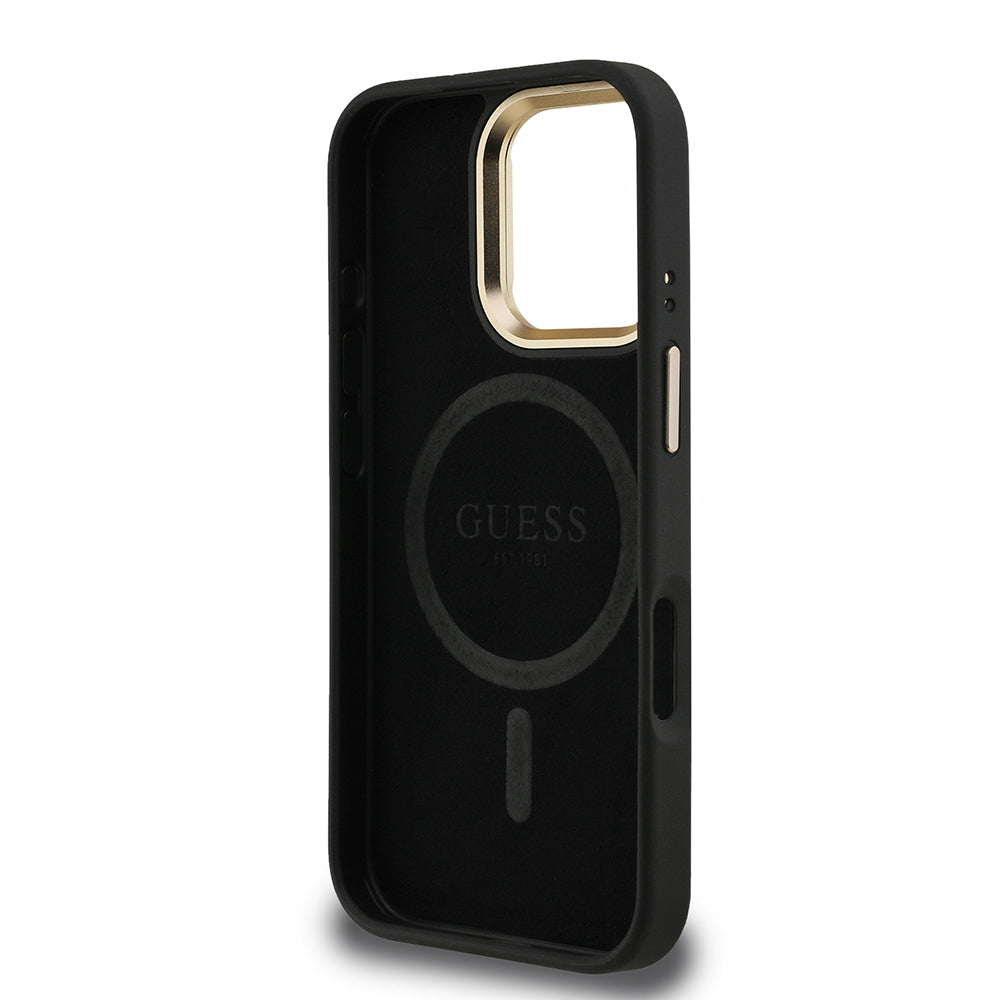 Guess iPhone 16 Pro Orjinal Lisanslı PU Deri Taşlı Üçgen Logo 4G Desenli Kamera Standlı Magsafe Telefon Kılıfı
