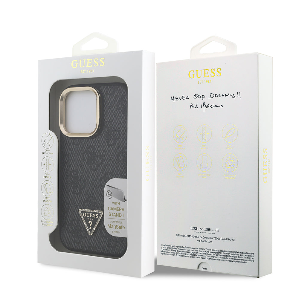 Guess iPhone 16 Pro Orjinal Lisanslı PU Deri Taşlı Üçgen Logo 4G Desenli Kamera Standlı Magsafe Telefon Kılıfı