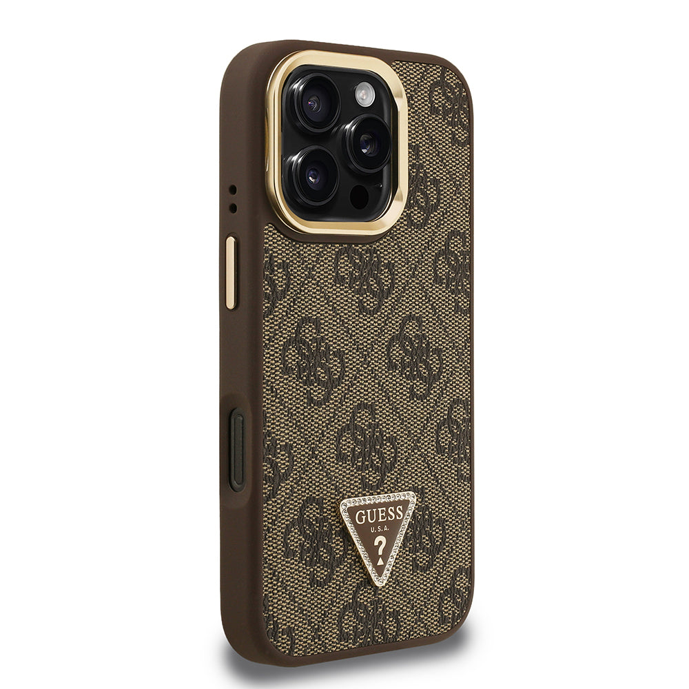 Guess iPhone 16 Pro Orjinal Lisanslı PU Deri Taşlı Üçgen Logo 4G Desenli Kamera Standlı Magsafe Telefon Kılıfı