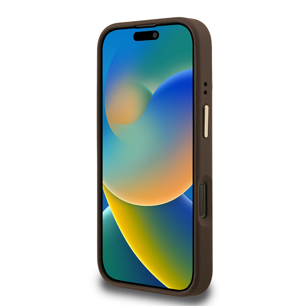 Guess iPhone 16 Pro Orjinal Lisanslı PU Deri Taşlı Üçgen Logo 4G Desenli Kamera Standlı Magsafe Telefon Kılıfı