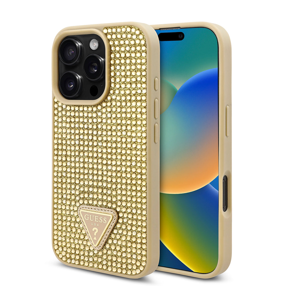 Guess iPhone 16 Pro Orjinal Lisanslı Taşlı Arka Yüzey Üçgen Logolu Telefon Kılıfı-9