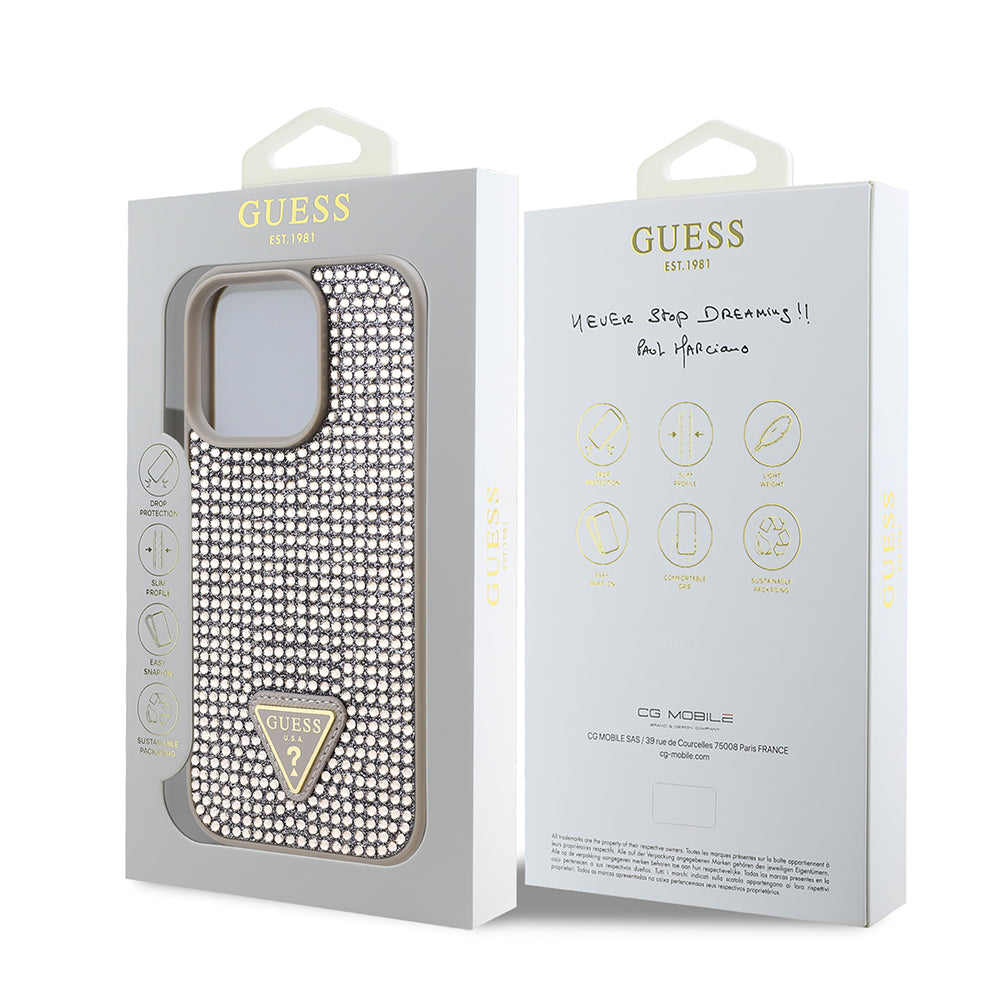 Guess iPhone 16 Pro Orjinal Lisanslı Taşlı Arka Yüzey Üçgen Logolu Telefon Kılıfı-24