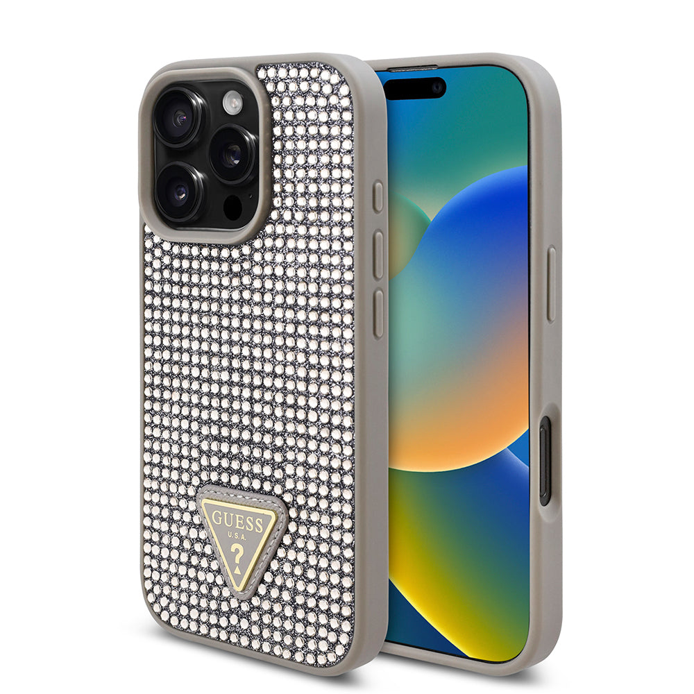 Guess iPhone 16 Pro Orjinal Lisanslı Taşlı Arka Yüzey Üçgen Logolu Telefon Kılıfı-17