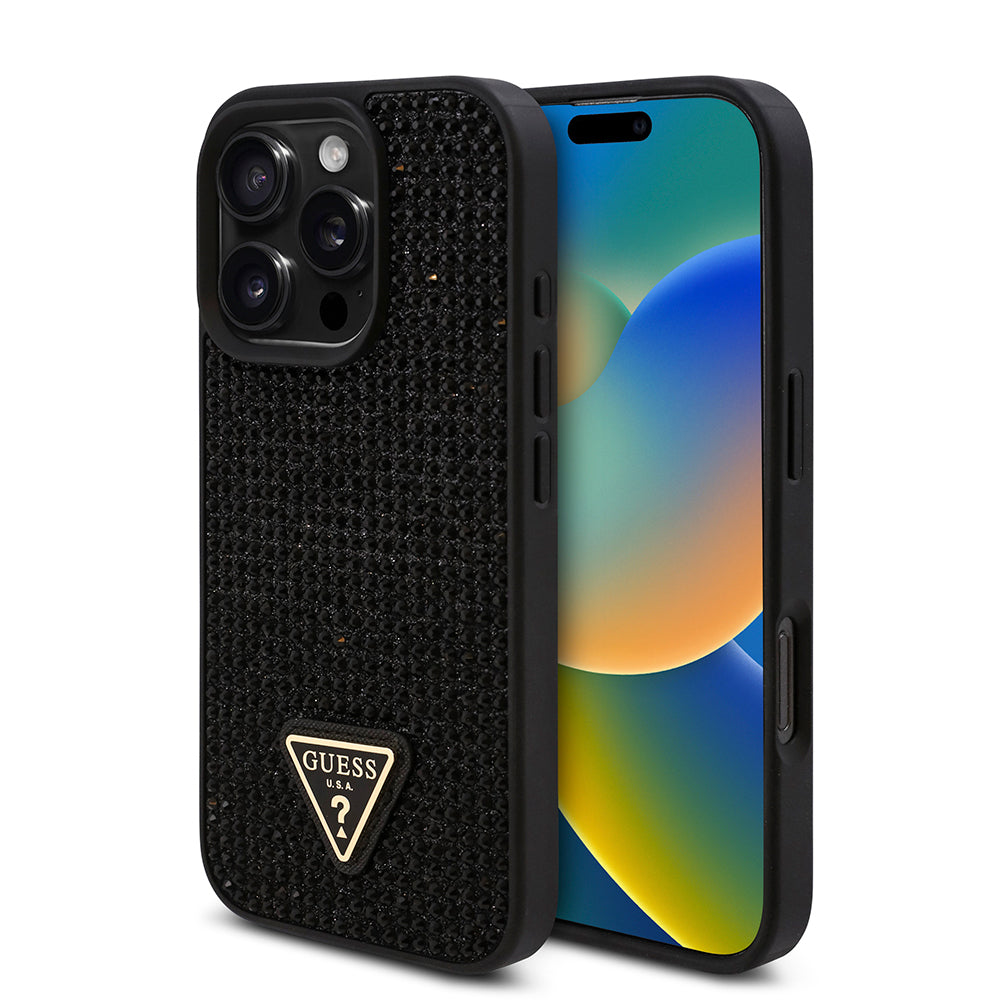 Guess iPhone 16 Pro Orjinal Lisanslı Taşlı Arka Yüzey Üçgen Logolu Telefon Kılıfı-25