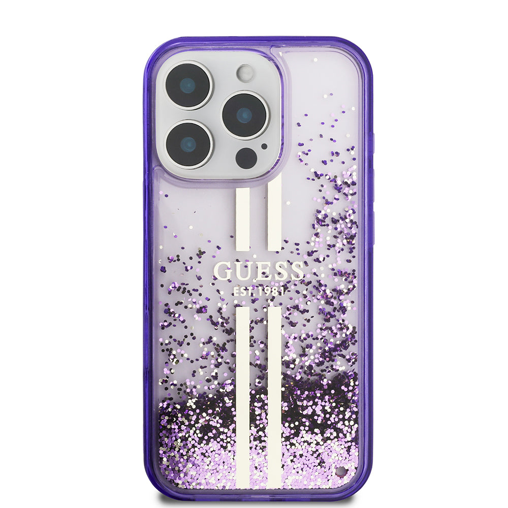 Guess iPhone 16 Pro Orjinal Lisanslı Transparan Sıvılı Simli Altın Çizgili Kılıf