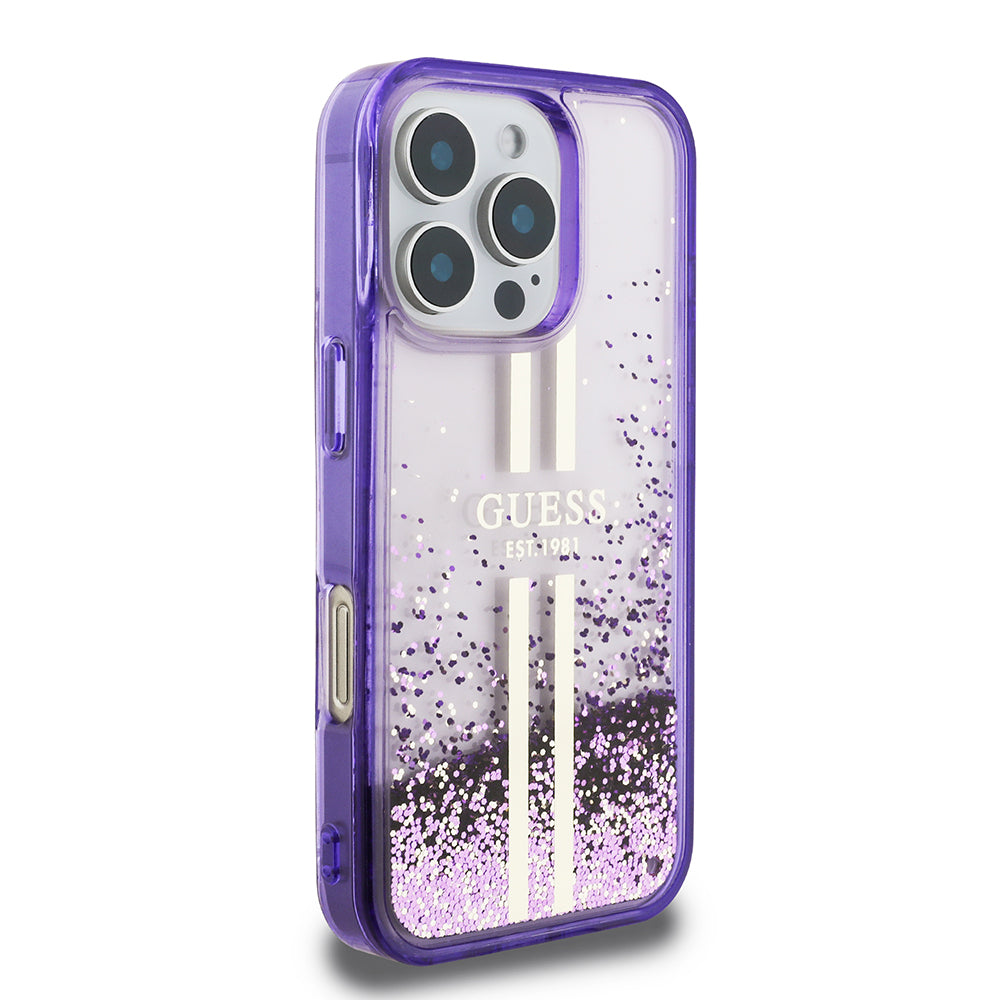 Guess iPhone 16 Pro Orjinal Lisanslı Transparan Sıvılı Simli Altın Çizgili Kılıf