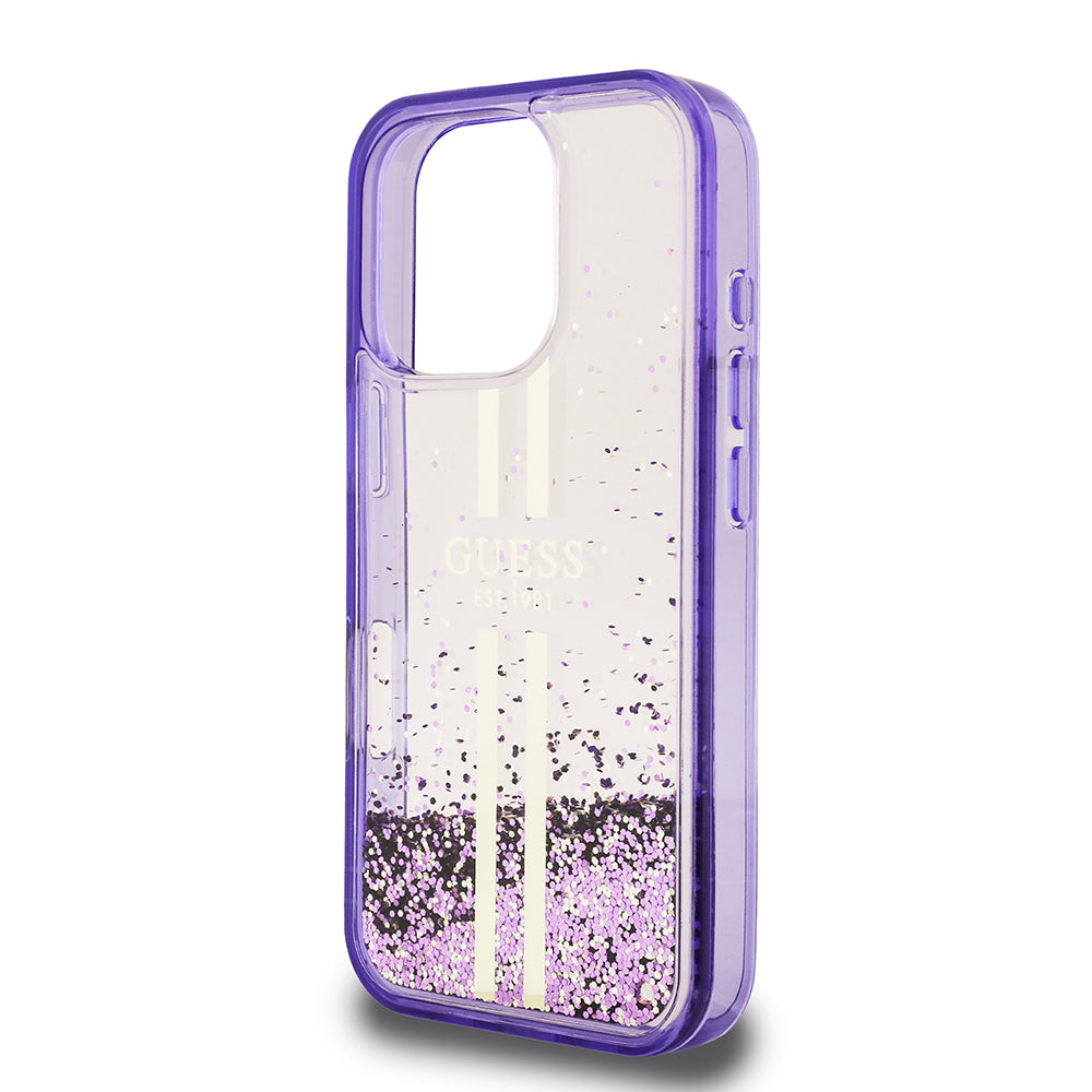 Guess iPhone 16 Pro Orjinal Lisanslı Transparan Sıvılı Simli Altın Çizgili Kılıf