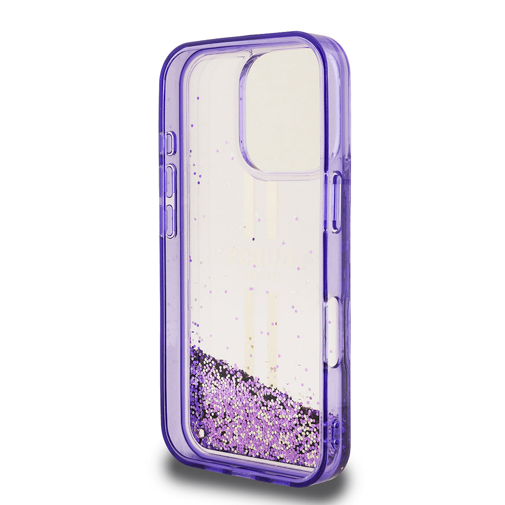 Guess iPhone 16 Pro Orjinal Lisanslı Transparan Sıvılı Simli Altın Çizgili Kılıf