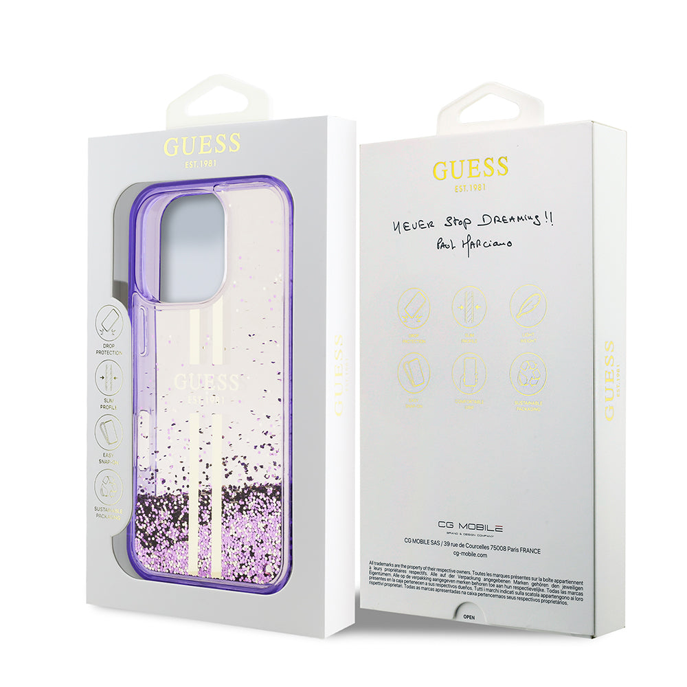Guess iPhone 16 Pro Orjinal Lisanslı Transparan Sıvılı Simli Altın Çizgili Kılıf
