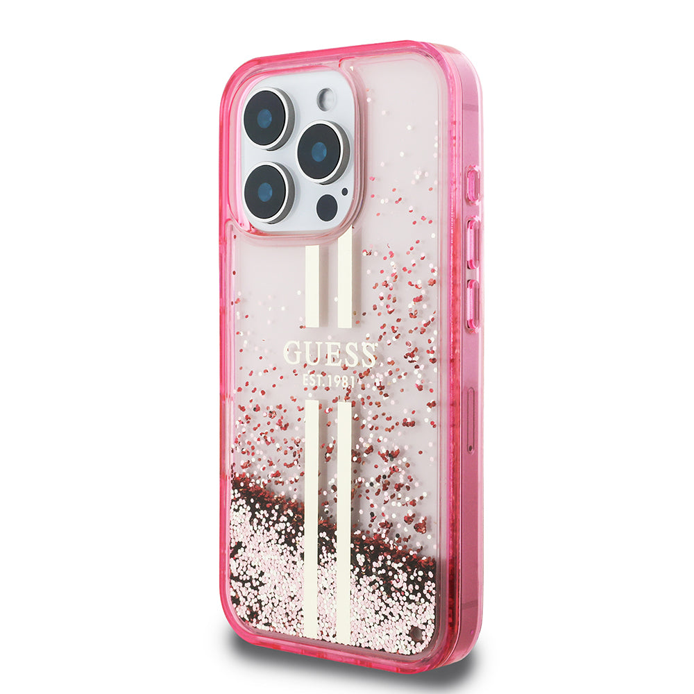 Guess iPhone 16 Pro Orjinal Lisanslı Transparan Sıvılı Simli Altın Çizgili Kılıf