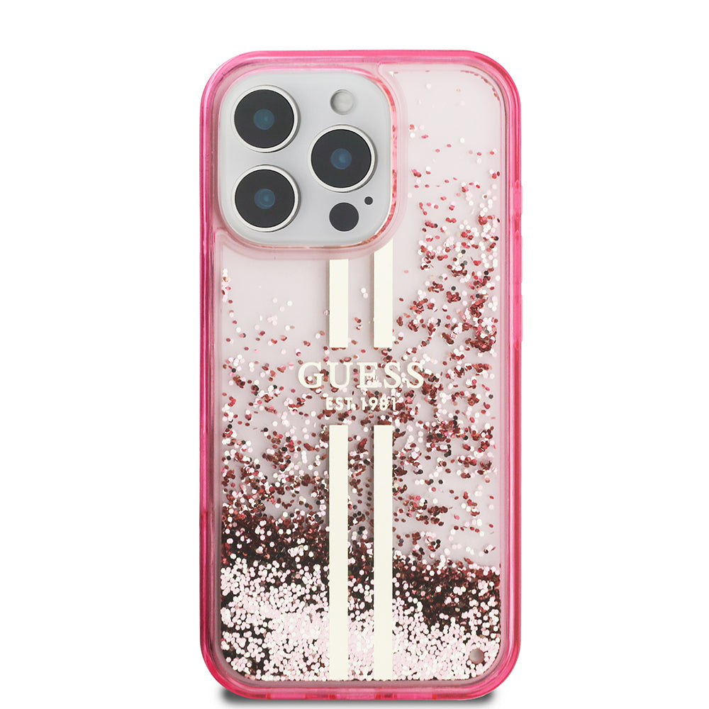 Guess iPhone 16 Pro Orjinal Lisanslı Transparan Sıvılı Simli Altın Çizgili Kılıf
