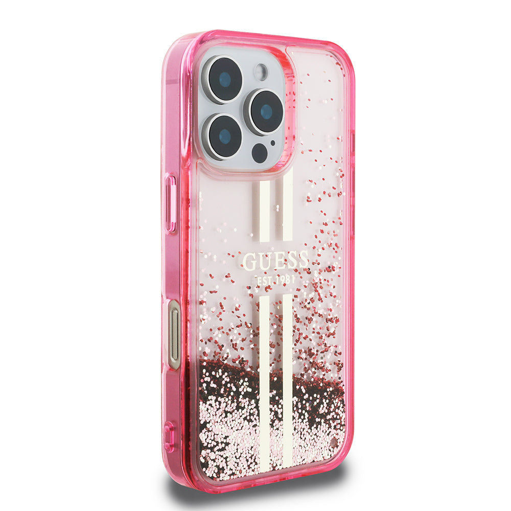 Guess iPhone 16 Pro Orjinal Lisanslı Transparan Sıvılı Simli Altın Çizgili Kılıf