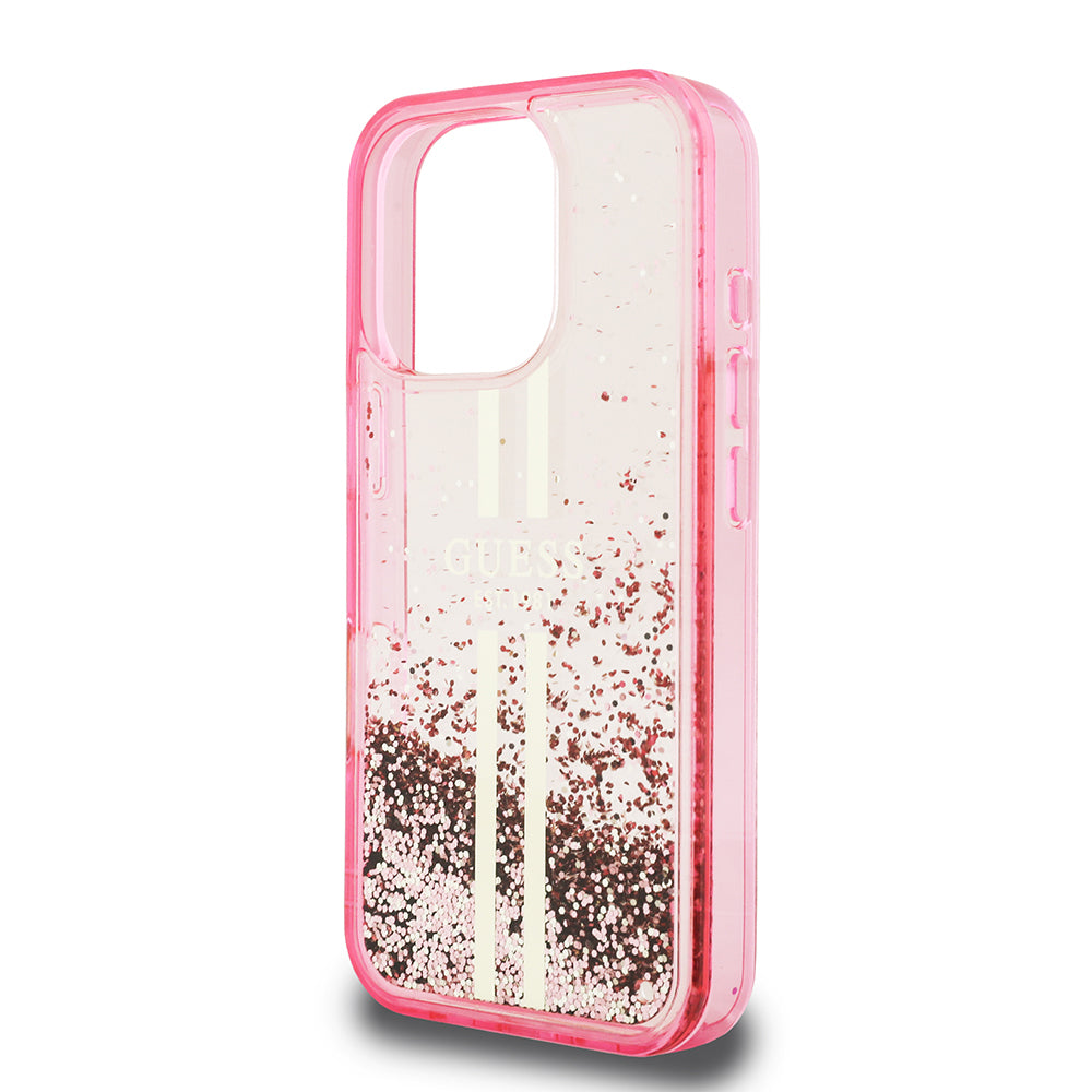 Guess iPhone 16 Pro Orjinal Lisanslı Transparan Sıvılı Simli Altın Çizgili Kılıf