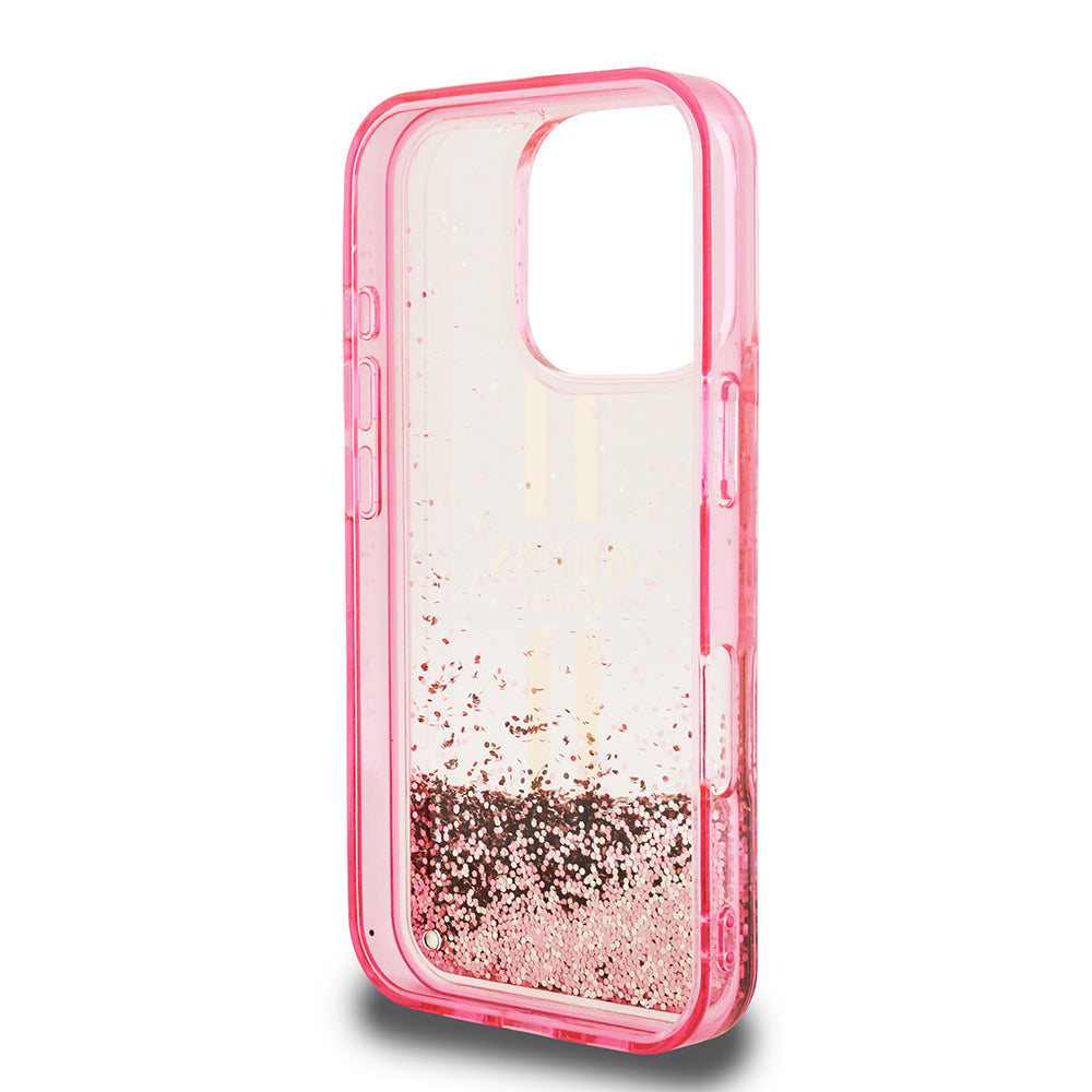 Guess iPhone 16 Pro Orjinal Lisanslı Transparan Sıvılı Simli Altın Çizgili Kılıf