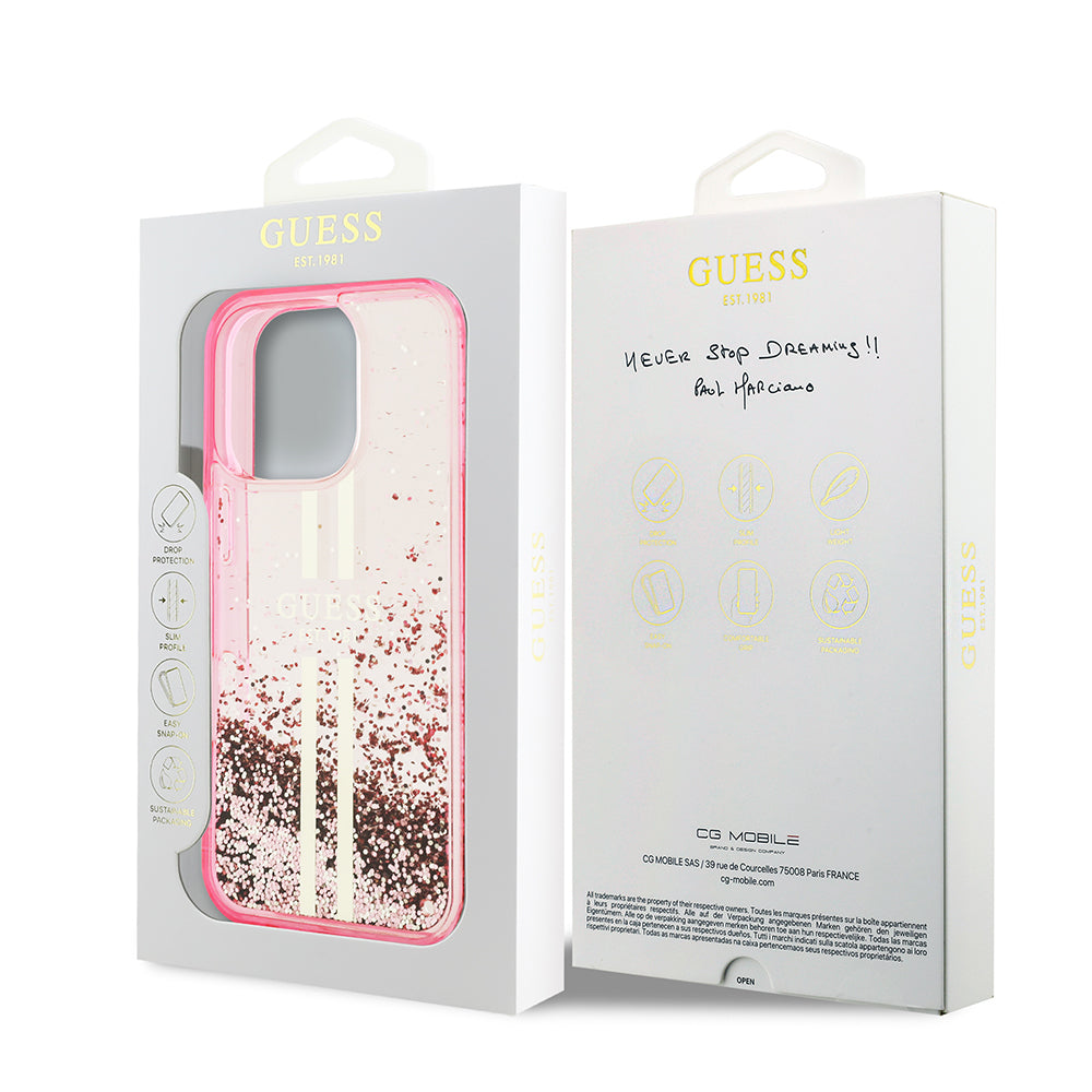 Guess iPhone 16 Pro Orjinal Lisanslı Transparan Sıvılı Simli Altın Çizgili Kılıf
