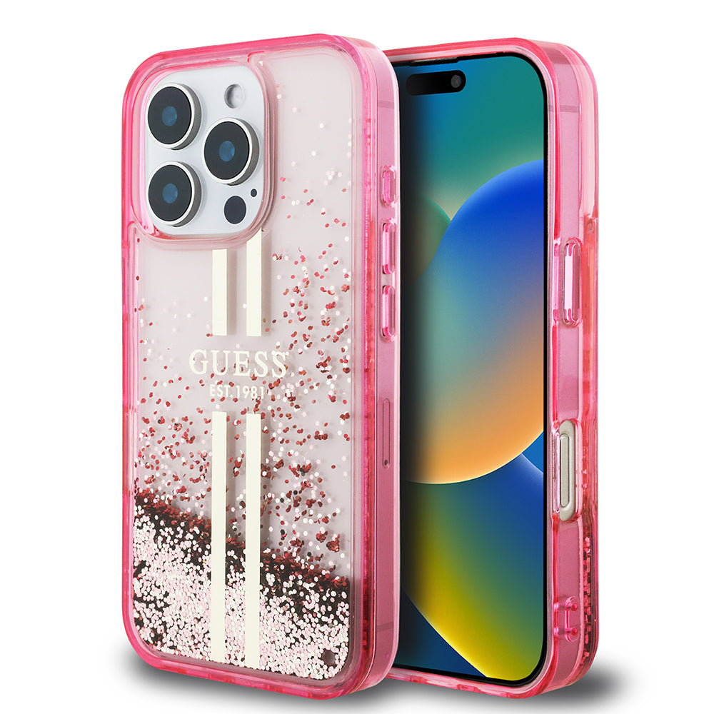 Guess iPhone 16 Pro Orjinal Lisanslı Transparan Sıvılı Simli Altın Çizgili Kılıf