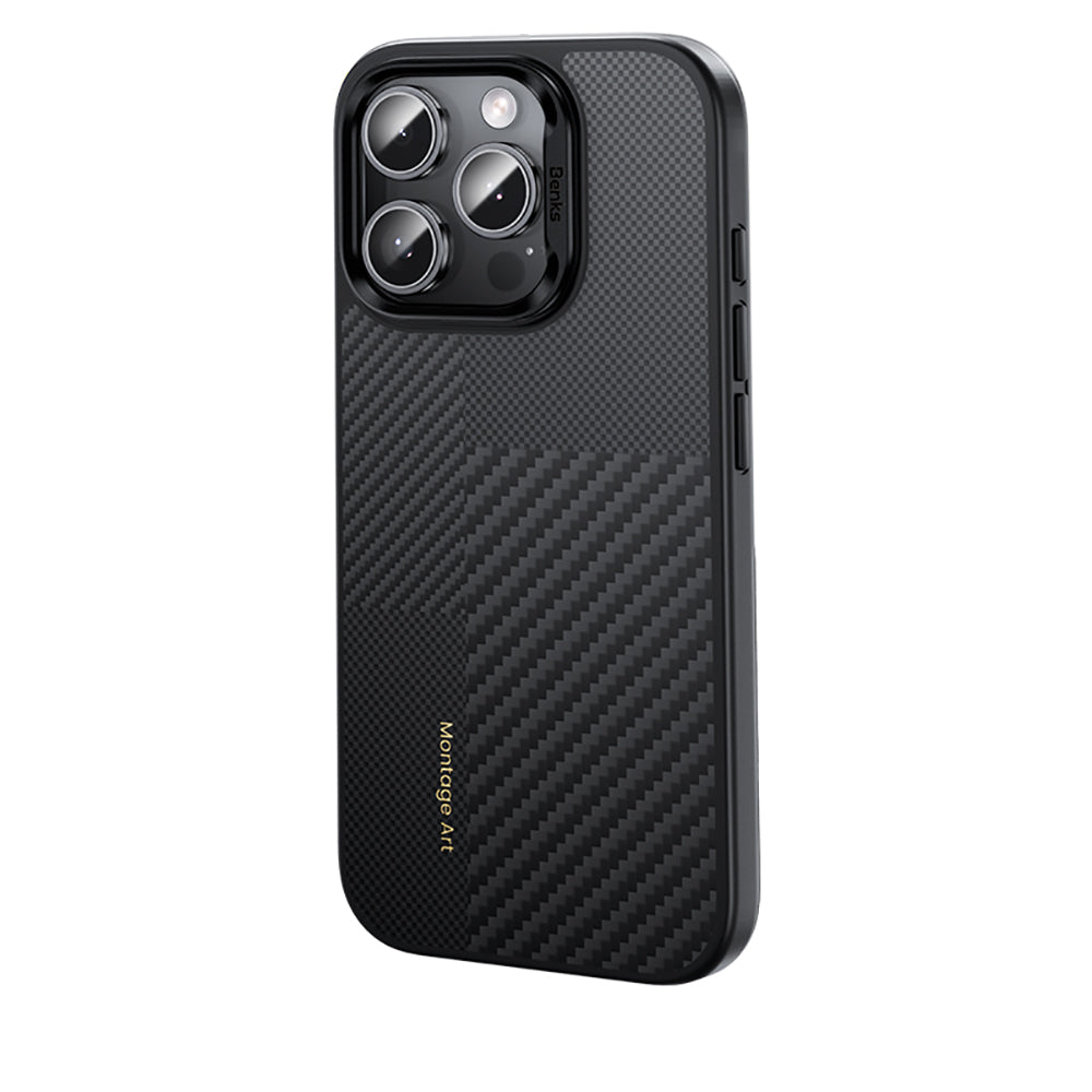 Benks Hybrid ArmorPro Montage iPhone 16 Pro Karbon Fiber M-safe Şarj Özellikli Kamera Kontrol Butonlu Kevlar Kılıf