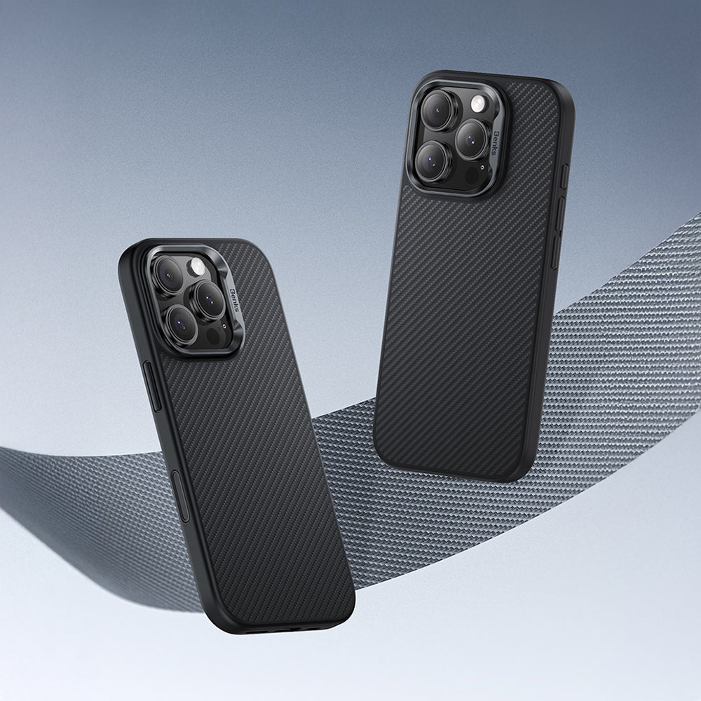 Benks Hybrid ArmorPro 600D iPhone 16 Pro Karbon Fiber M-safe Şarj Özellikli Kamerra Kontrol Butonlu Kevlar Kılıf