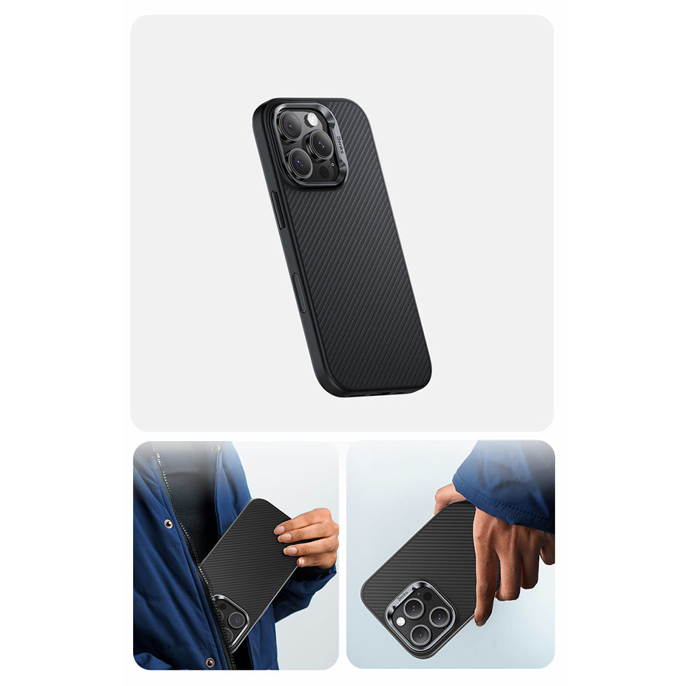 Benks Hybrid ArmorPro 600D iPhone 16 Pro Karbon Fiber M-safe Şarj Özellikli Kamerra Kontrol Butonlu Kevlar Kılıf