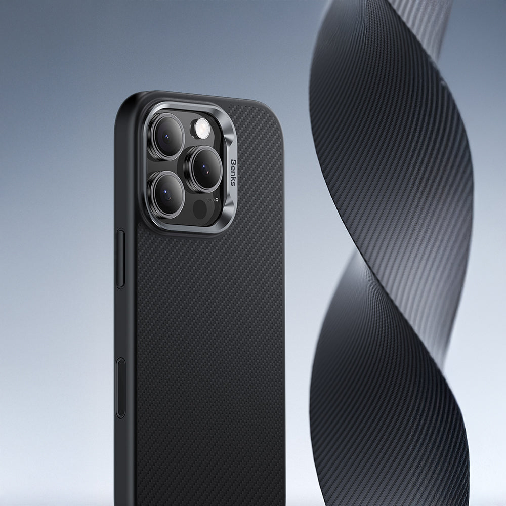 Benks Hybrid ArmorPro 600D iPhone 16 Pro Karbon Fiber M-safe Şarj Özellikli Kamerra Kontrol Butonlu Kevlar Kılıf