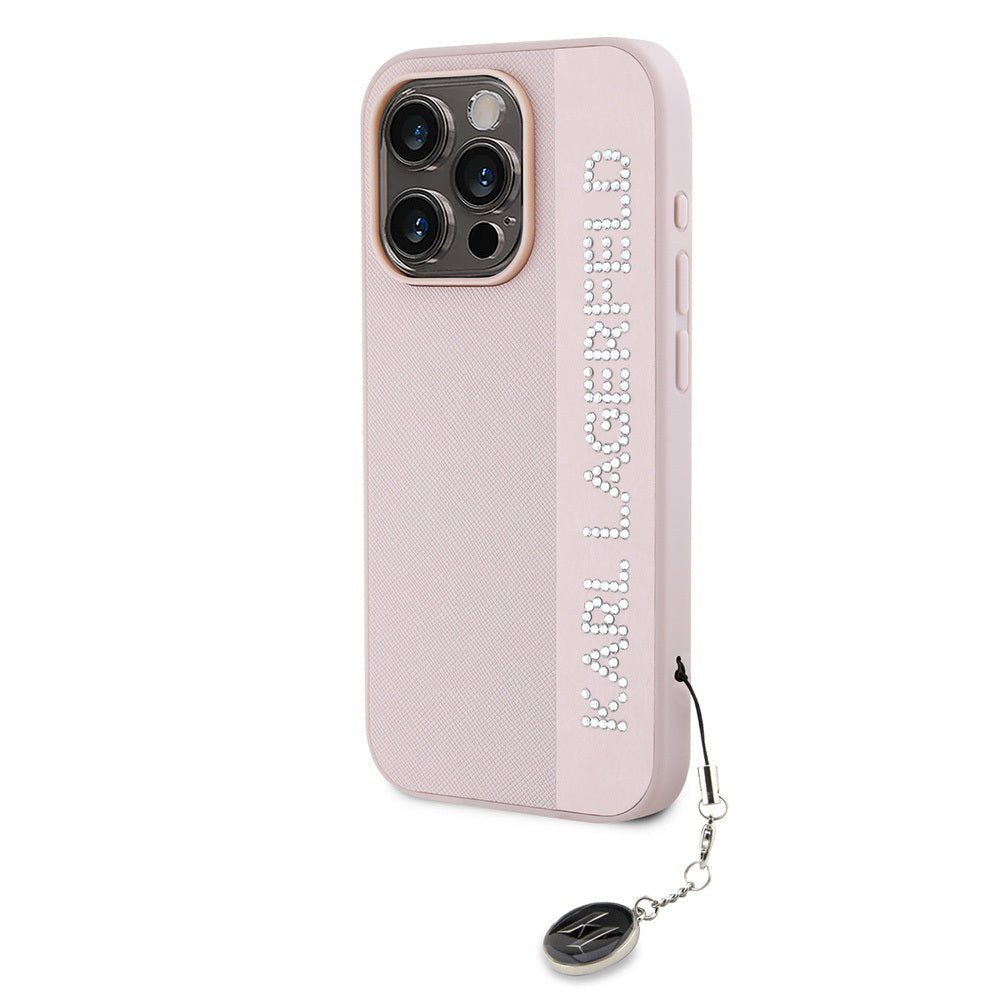 Karl Lagerfeld iPhone 16 Pro Orjinal Lisanslı Anahtarlıklı Taşlı KL Yazılı Saffiano Rhinestones Telefon Kılıfı-2